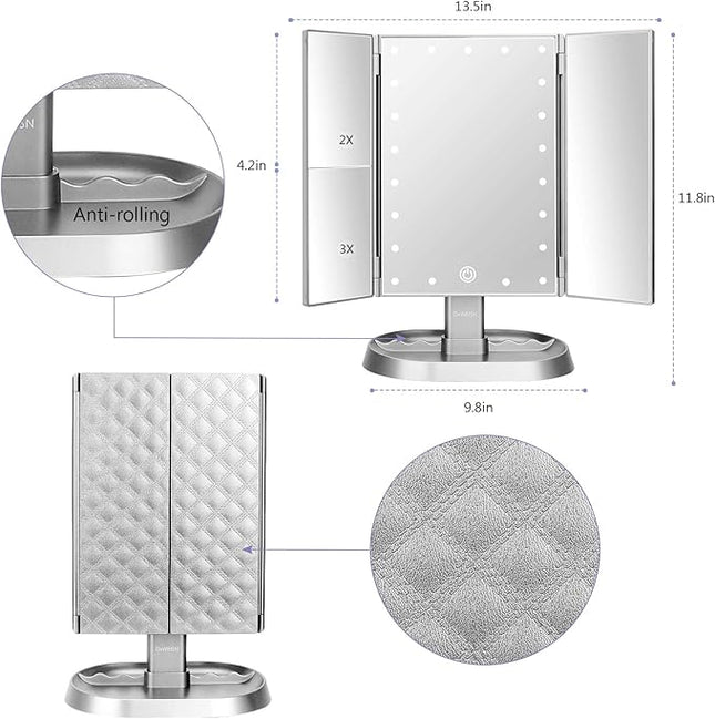deweisn Trifold Lighted Vanity Makeup Mirror with 21 LED Lights,1/2/3 Magnification and Dimming,Two Power Supplies Makeup Mirror,Gift for Women