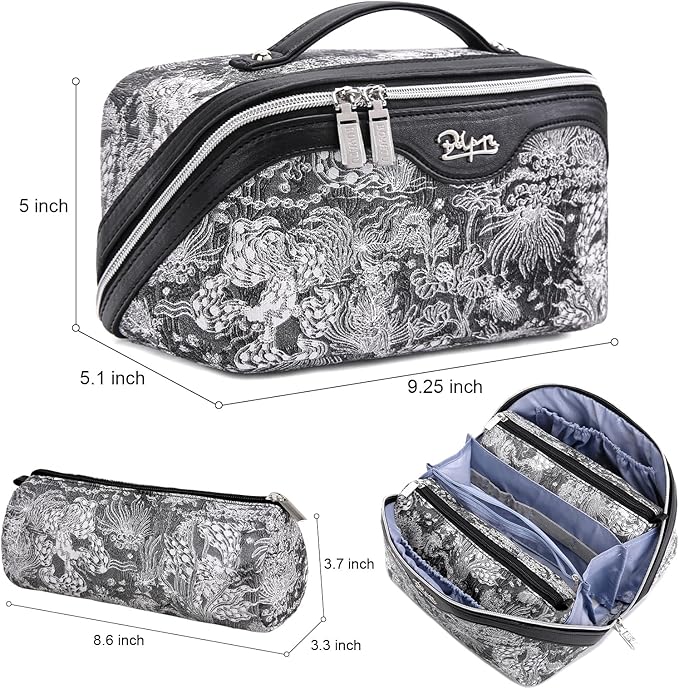 BOYATU Travel Makeup Bag for Women: Large Capacity Make up Bag with Compartments - Vegan Leather Cosmetic Bag set of 3 - Waterproof Toiletry Bag with Handle & Divider(D-02Black)