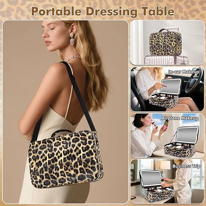 Large Travel Makeup Bag with LED Mirror, 3-Color Stepless Dimming Stand Mirror Detachable, with Adjustable Divider, Makeup Brush Holder Storage (Leopard)