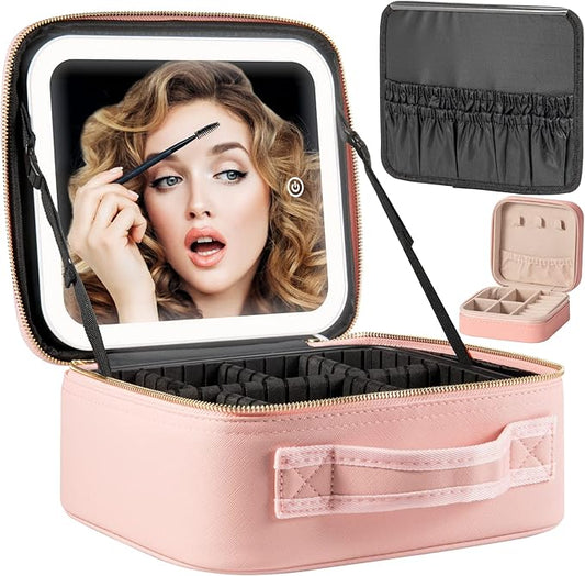 Makeup Travel Train Case with Mirror LED Light 3 Adjustable Brightness Large Cosmetic Bag Portable Storage Adjustable Partition Waterproof Makeup Brushes Make up Jewelry Gift for Women