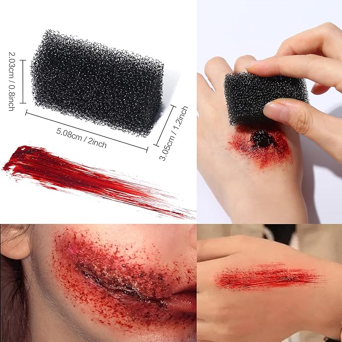 BOBISUKA 6 Piece Halloween SFX Special Effects Makeup Kit - Fake Blood Gel + Clear Liquid Latex + Black Tooth Paint + Modeling Scar Wax with Spatula Tool and Black Stipple Sponge All in One