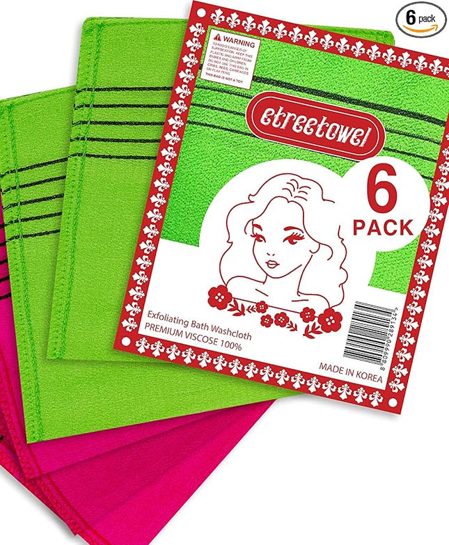 Anti-Shrink Korean Asian Exfoliating Bath Washcloths Mitt Scrub for Body washcloth Glove Premium Viscose Rayon Onsen Towel Korea Made (6PACK)