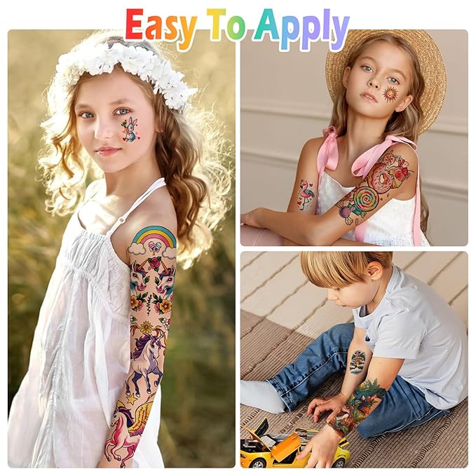 52 Sheets Kids Temporary Tattoos, Full Arm Sleeve Dinosaurs Monster Car Space Fake Tattoos for Boys, Mermaid Unicorn Butterflies Face Body Stickers for Girls Birthday Gifts Party Supplies