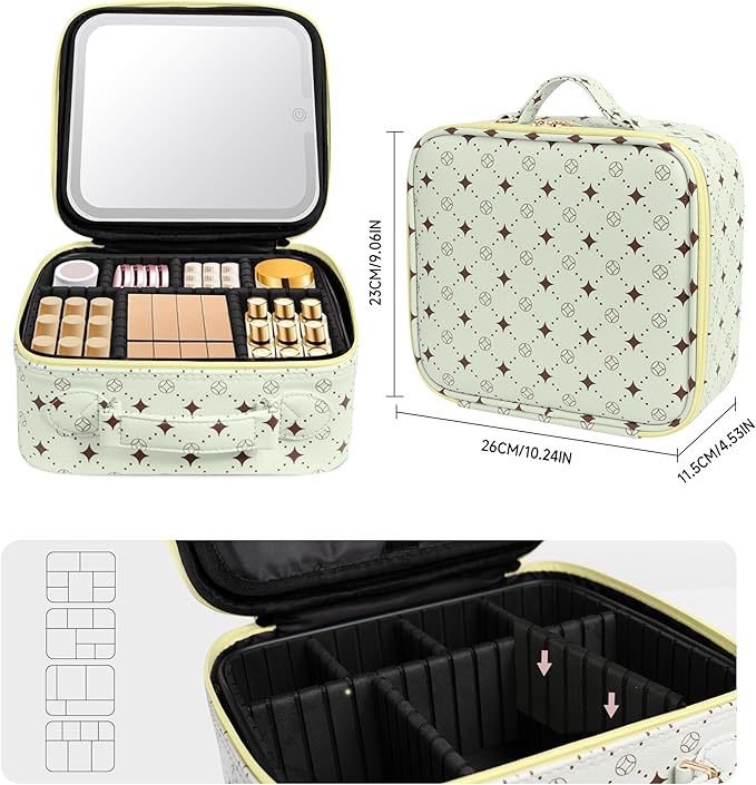 Travel Makeup Bag With 360° rotating LED Mirror,Waterproof cosmetic organizer,Portability Cosmetic case,Makeup organizer,Gift for Women,Girls Gift (Green+Yello)