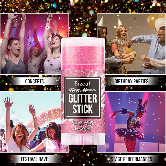 Brzeaf Waterproof Pink Glitter Stick, Not Greasy & Long Lasting, Chunky Glitter for Face/Body/Hair/Eyes/Lip, Singer Concert Music Rave Festival, Glitter Stick Makeup & Face Glitter Gel for Women Men