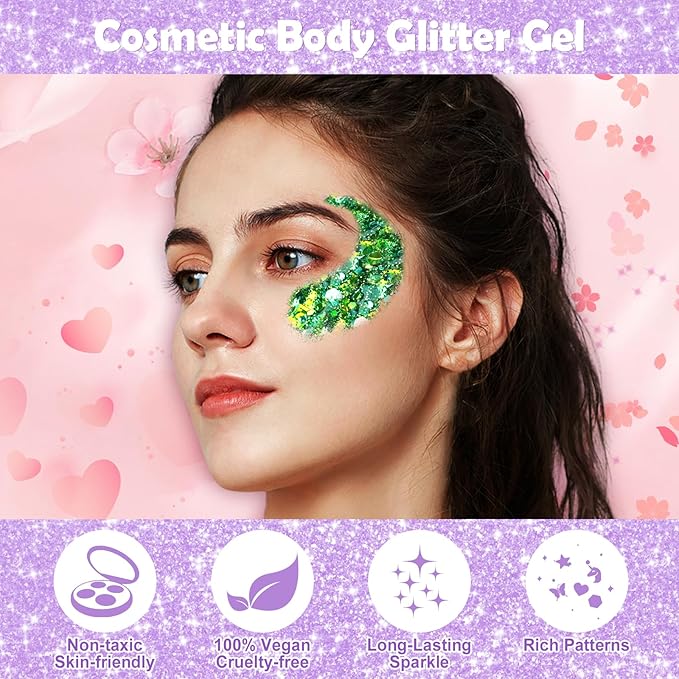 Yosca Body Glitter Gel, 30ML Green St. Patrick's Day Mermaid Face Glitter, Hair Chunky Glitter Sequins for St. Patrick's Day Coachella Christmas Stage Themed Makeup Rave Accessories - Lucky Dating