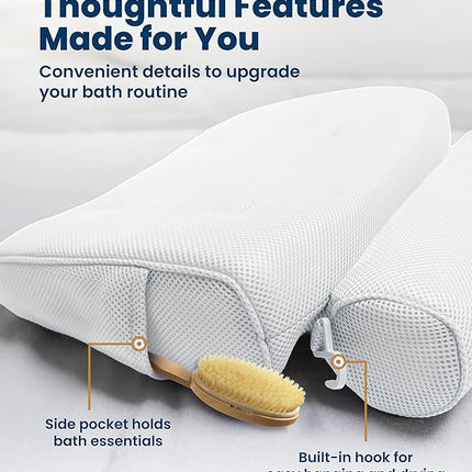 Everlasting Comfort Luxury Bath Pillows for Tub with Head and Neck Support - Non-Slip Bathtub Pillow with Suction Cups, Quick-Drying Mesh & Drying Hook - Jacuzzi & Spa Accessories for Women - White