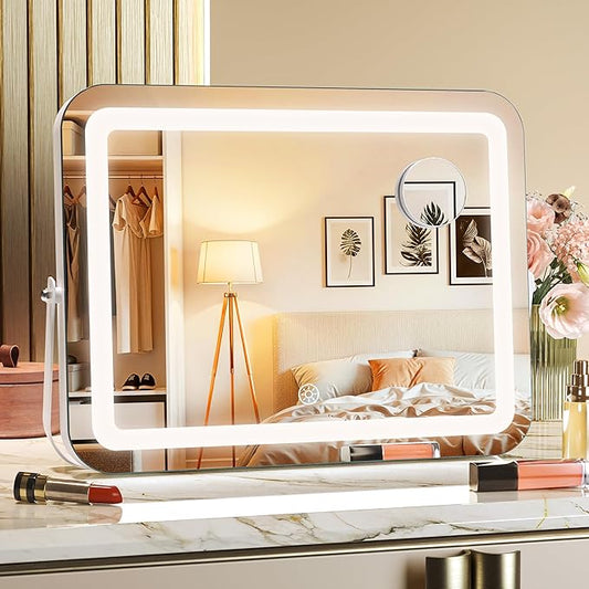 MINISO Vanity Mirror with Lights, 14" x 11" LED Makeup Mirror, Light & Brightness Adjustment, Smart Sensor, 360°Rotation, Aluminum Alloy Metal White Frame, with 5X Magnifying Glass