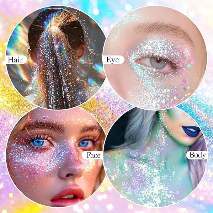 DAGEDA White Body Glitter Stick,Sparkly Face Glitter Makeup,Holographic Hair Glitters Mermaid Makeup Rave Outfits for Women, Shimmer Face Paint Stick Singer Concert Accessories