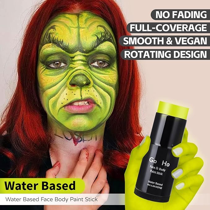 Go Ho Ogre Green Face Paint Stick,Water Based Washable Face Body Paint,Non-toxic Full-coverage Cream Ogre Green Body Paint for Halloween Costume Cosplay SFX Alien Makeup