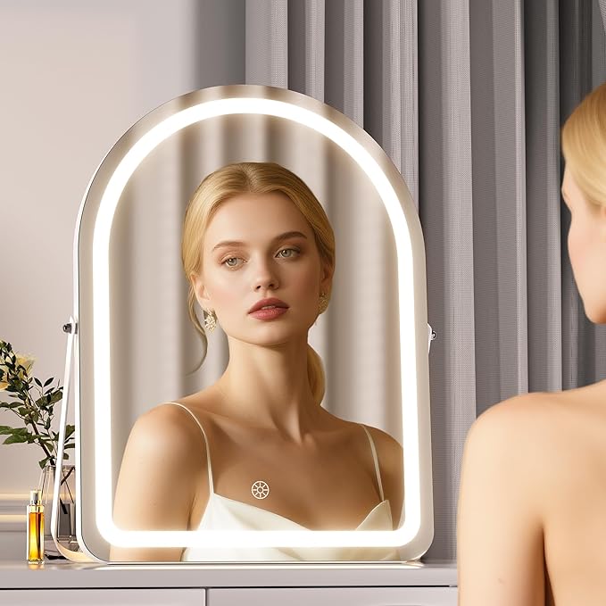 MINISO Vanity Mirror with Lights-14" x 18" Arched Makeup Mirror with 3 Color Lights, Adjustable Brightness, 10X Magnification, 360°Rotation