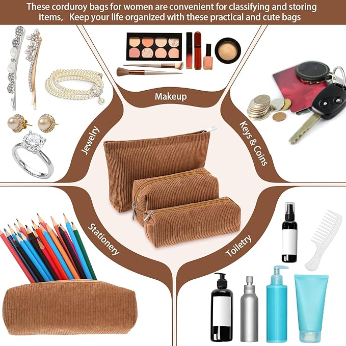3 Pcs Makeup Bag Set for Women Corduroy Cosmetic Pouch Aesthetic Smile Travel Toiletry Bag Cute Purse Pouch Pencil Case Makeup Brushes Storage Organizer for Christmas(Brown,Solid Style)