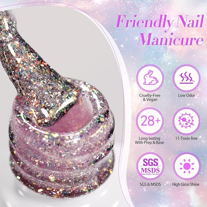 Born Pretty Reflective Glitter Gel Nail Polish, 6 Spring Light Colors Holographic Gel Polish Long Lasting Sparkly Shiny Nail Polish U V Set for Manicure and Nail Art, DIY at Home, Salon-Quality 7ml
