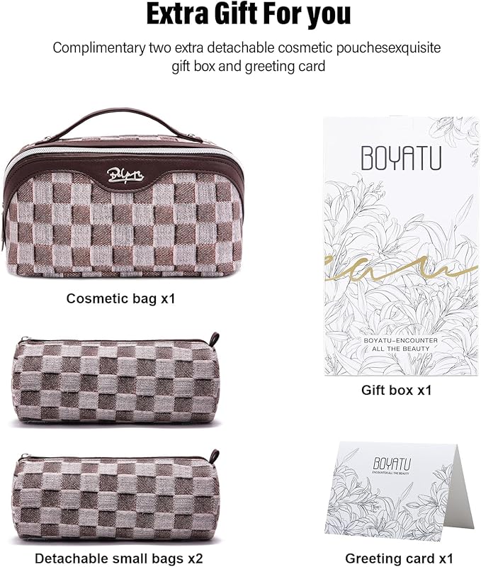 BOYATU Travel Makeup Bag for Women: Large Cosmetic Bag Set of 3 - PU Leather Make up Bag with Compartments - Compact Waterproof Toiletry Bag with Divider & Handle (C-03Brown)