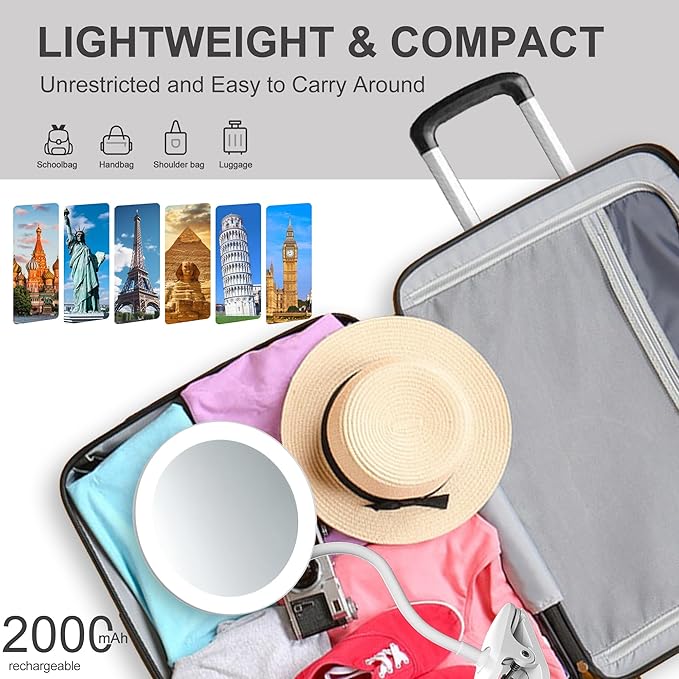 6.5" Clip on Vanity Makeup Mirror with Light, gooseneck Travel 10x Magnifying Mirror,USB Recharge (White 10X)