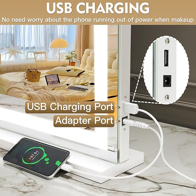 Vanity Mirror with Lights, 32" x 22" Large Lighted Vanity Mirror with Dimmable 3 Modes, LED Makeup Mirror, USB Charging Port, Tabletop or Wall-Mounted Square White