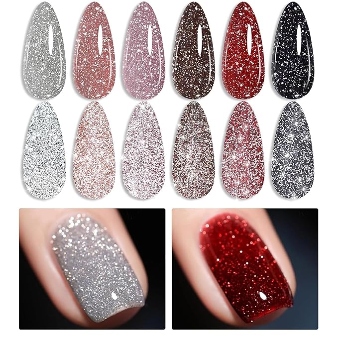 Born Pretty Reflective Red Glitter Gel Polish Christmas Glitter Gel Polish Sparkly Shiny Disco DJ LED Nail Polish Varnish Silver Red Black Colors Collection 6PCS 7ML