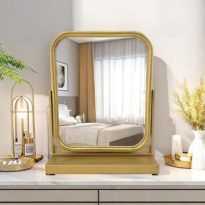 Tabletop Vanity Mirror Adjustable Rotation Golden Metal Framed Gold Vanity Mirror, Room for Living Room,Bedroom,Tabletop,Bathroom.