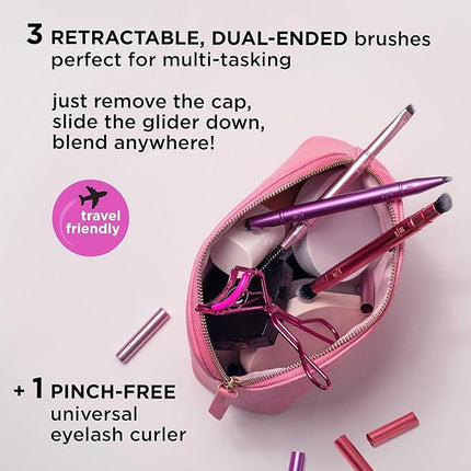 Real Techniques Double Time Brush + Lash 4 Piece Set, Dual-Ended Eye Makeup Brushes For Eyeshadow & Brows, Travel-Friendly Brush Caps For Storage, Eyelash Curler Included, Cruelty-Free