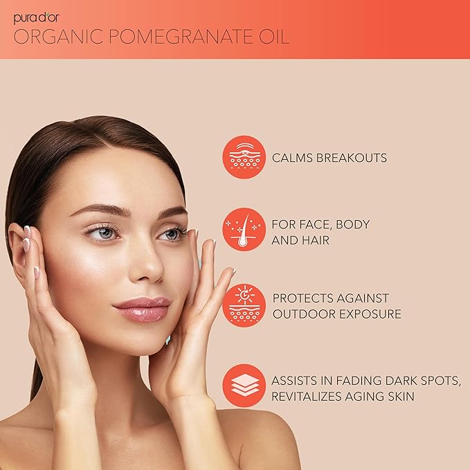 PURA D'OR 4 Oz ORGANIC Pomegranate Oil - 100% Pure USDA Certified Premium Grade, Cold Pressed Body Oil - Rich in Antioxidants - Face and Skin - Hair Moisturizer For Men and Women
