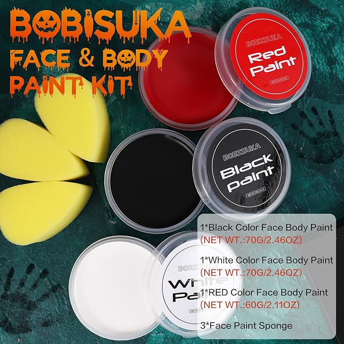 BOBISUKA White Black Red Face Body Paint with 3PCS Sponges Face Painting Kit for Adult Large Capacity Oil Based Paints Palette For Halloween Makeup Clown Joker Devil Cosplay SFX Costume Party