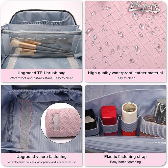 BOYATU Travel Makeup Bags for Women: Large Cosmetic Bag Waterproof - Vegan Leather Make up Bags Set of 3 - Portable Toiletry Organizer (L09 Violet)