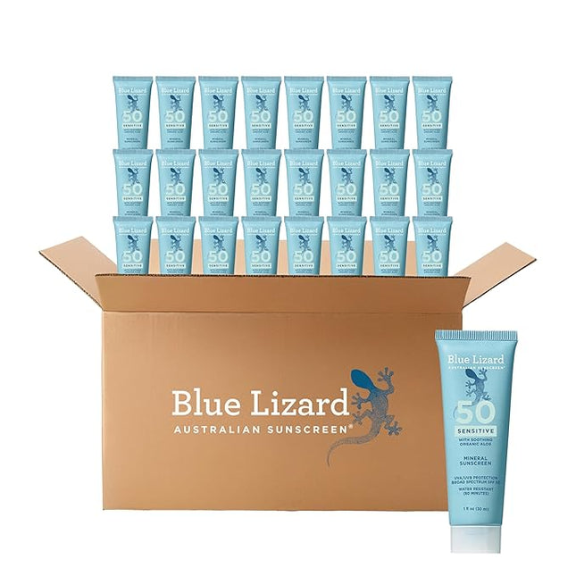 Blue Lizard Sensitive Mineral SPF 50 Sunscreen Lotion, 100% Mineral Active Sunscreen, Travel Size, UVA/UVB Protection, Infused with Organic Aloe Vera, We Love The Reef Formula, 1 fl oz, 24-Pack