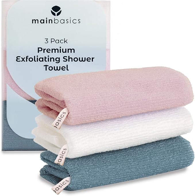 MainBasics Exfoliating Shower Towel - Japanese Nylon Bath Towel and Body Washcloth, Quick-Dry, Durable, Deep Exfoliation (Set of 3, Airy Blossom)