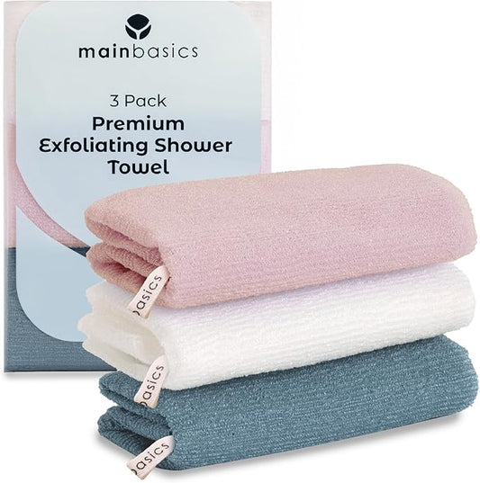 MainBasics Exfoliating Shower Towel - Japanese Nylon Bath Towel and Body Washcloth, Quick-Dry, Durable, Deep Exfoliation (Set of 3, Airy Blossom)