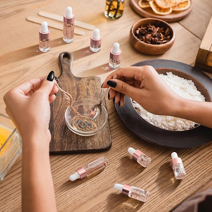 100 Pcs Mini Glass Oil Dropper Bottle Bulk, Clear Essential Small Empty Bottles Sample Containers Perfume Liquid Vials with Cap for Traveling (1ml,2ml,3ml,5ml,Rose Gold)