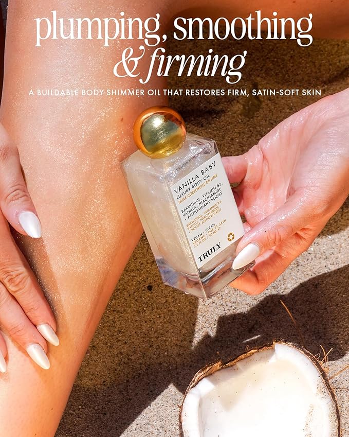 Truly Beauty Vanilla Baby Luxury Body Oil | Plumping Body Shimmer Oil for Hydration & Firmness | With Bakuchiol & Niacinamide for Collagen Boost | Vanilla, Pear & Caramel Scent | Radiant Glow