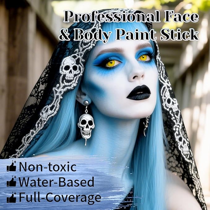 Black White Light Blue Face Body Paint Stick Set with Translucent Setting Powder and Sponges, Professional Full Coverage Face Painting for Adult Halloween Cosplay SFX Corpse Bride Skull Makeup