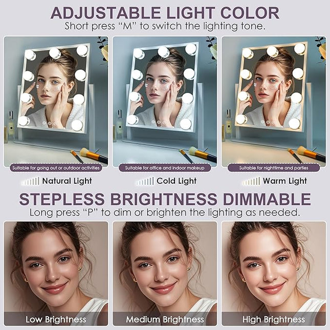 Sucedey Vanity Mirror with Lights, Makeup Mirror with Lights, 3 Color Lighting Modes Detachable 10X Magnification Mirror Touch Control, 360°Rotation, White