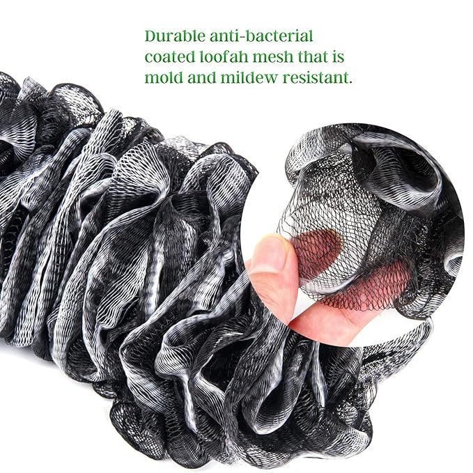 Back Scrubber for Shower, Loofah Long Handle Bath Body Brush, Soft Nylon Mesh Sponge On a Stick for Shower Men Women Kids Elderly, Exfoliating Scrub Cleaning Luffa for All Kinds of Skin(Black)