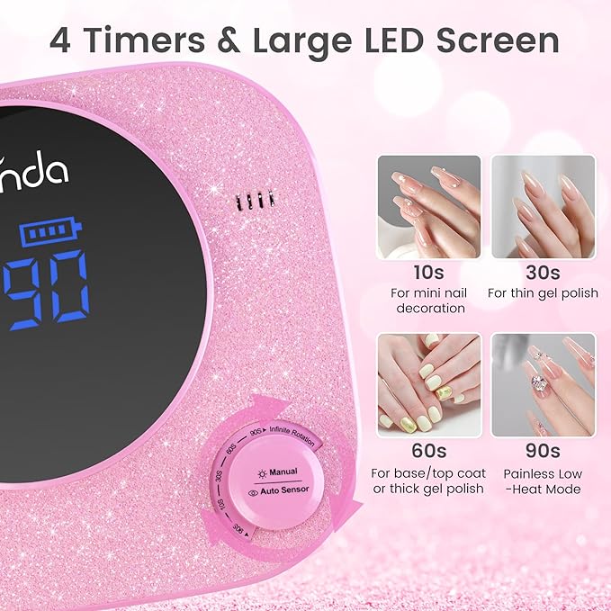 Lavinda 54W UV LED Nail Lamp, Professional UV Light for Gel Nails Rechargeable Cordless Nail Dryer with 4 Timer Settings & Auto Sensor, Fast Curing Gel Light for Home and Salon Use Diamond Dust Design