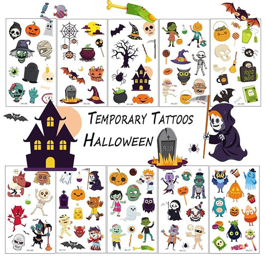 Temporary Tattoos for Kids Halloween Makeup, 120Pcs Cartoon Tattoos (11 Sheets) Waterproof Fake Tattoo Body Art Stickers Children Party Decoration Supplies Gifts Favors Girls Boys Halloween