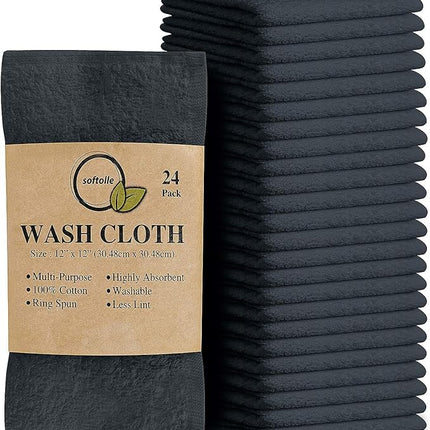 Softolle 100% Cotton Washcloths 24 Pack (12x12 Inches) Soft, Highly Absorbent Washcloth, Face Towels, Wash Cloths for Face, Ring Spun, Bulk Pack (Grey)