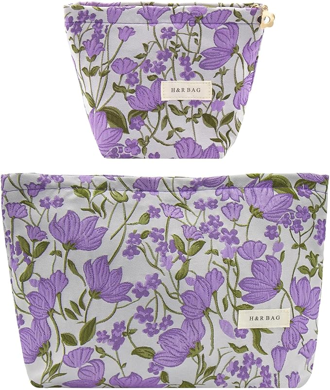 2 Pcs Makeup Bags, Large Cosmetic Bag Travel Toiletry Bag Organizer for Women, Embroidery Craft, Floral Makeup Bag Small Cosmetic Pouch Purse with Zipper Gifts for Girls Teen