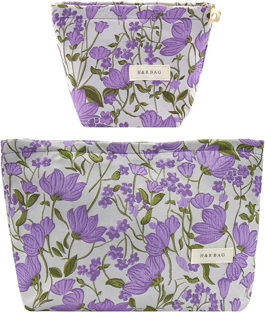 2 Pcs Makeup Bags, Large Cosmetic Bag Travel Toiletry Bag Organizer for Women, Embroidery Craft, Floral Makeup Bag Small Cosmetic Pouch Purse with Zipper Gifts for Girls Teen