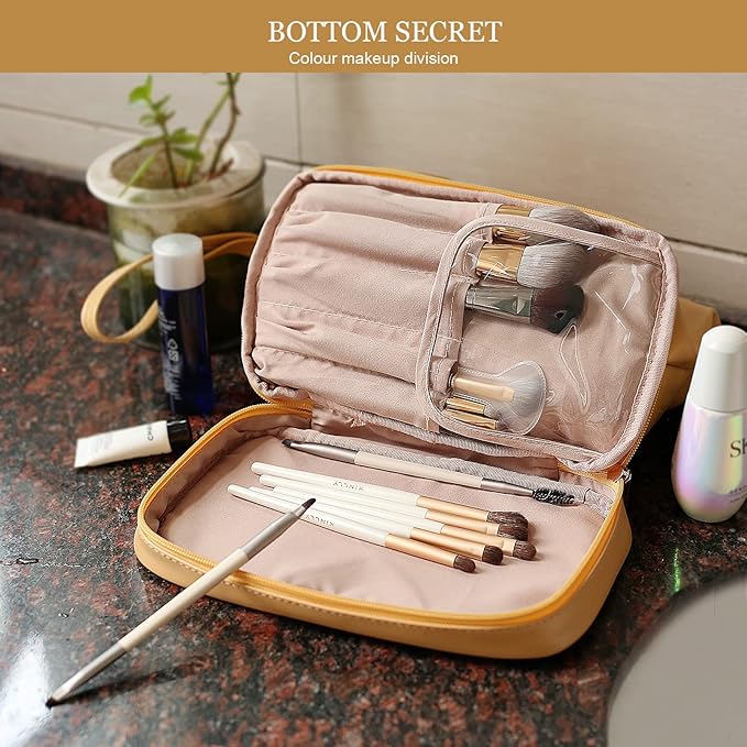 Abiudeng Large Capacity Makeup Bag Ladies Cosmetic Bag Travel Bag with Compartments Portable PU Leather Travel Makeup Bag with Handle