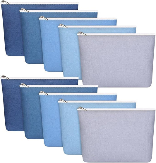 Reginary 10 Pcs Canvas Makeup Bags Bulk for Women Blank DIY Pencil Pouch Travel Toiletry Cosmetics Bags Gift for Christmas Breast Cancer Awareness Thanksgiving Wedding Nurses Teacher(Blue)