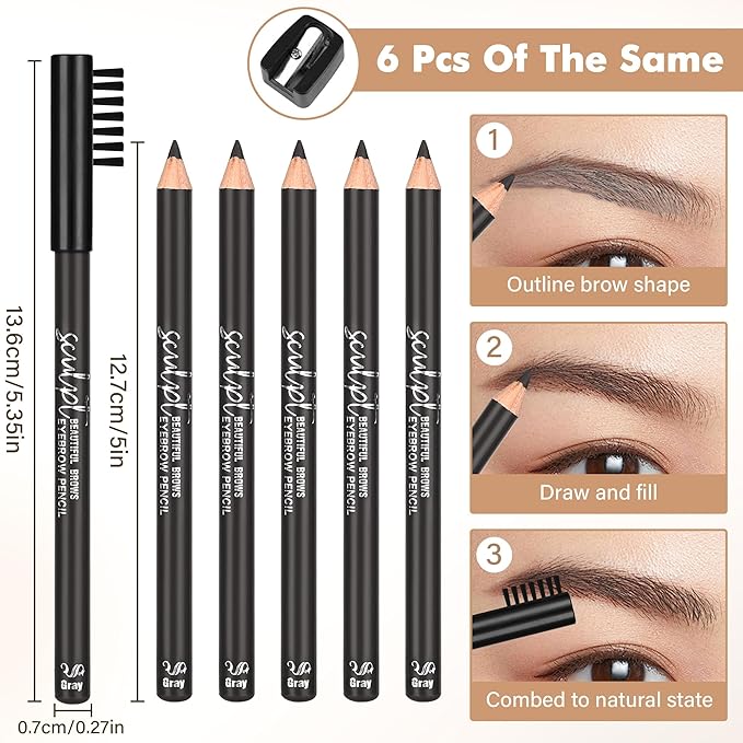 6Pcs Eyebrow pencil wooden，Brow Kit with Brush and Sharpener，Eyebrow Pencils for Women，Fine Tip Eye Brow Eye Liner for Eye Makeup,Shapes, Defines, Fills Brows (Gray ash-05)