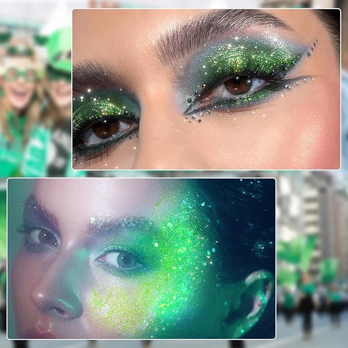 DAGEDA Green Body Glitter Gel, Roll-on Face Glitter for St Patricks Day Festival Rave Accessories, Holographic Hair Glitter Gel,Body Shimmer Mardi Gras Makeup for Rave Party