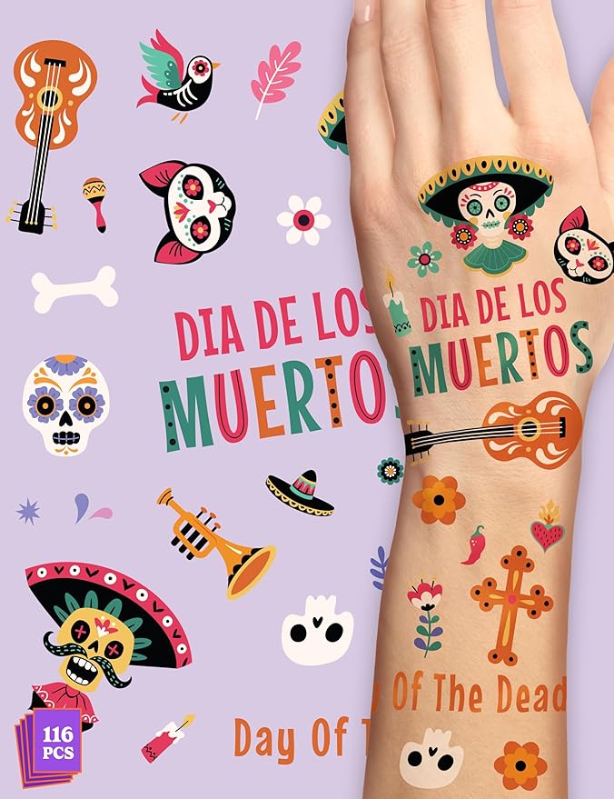 HOUSE OF PARTY Halloween Temporary Tattoos for Kids - Pack of 116 - Day of the Dead Tattoos - Non-Toxic Waterproof Stickers for Boys and Girls - Ideal for Halloween Party Supplies and Decorations!