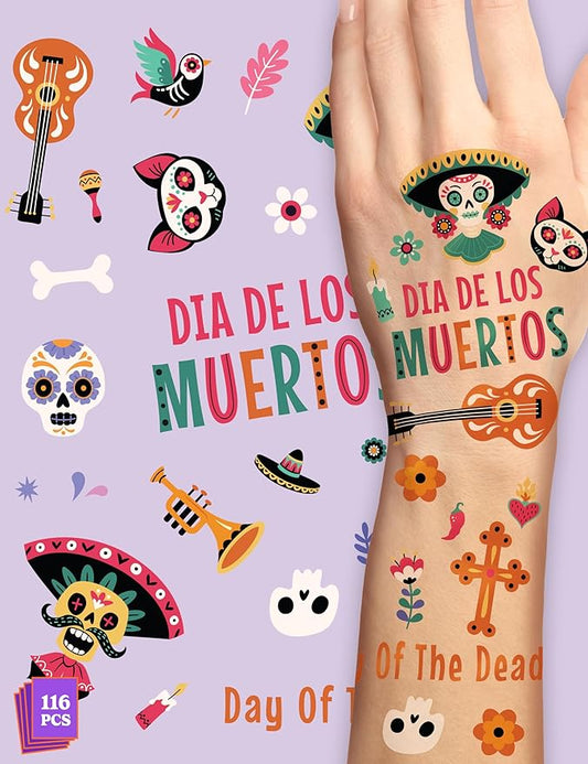HOUSE OF PARTY Halloween Temporary Tattoos for Kids - Pack of 116 - Day of the Dead Tattoos - Non-Toxic Waterproof Stickers for Boys and Girls - Ideal for Halloween Party Supplies and Decorations!