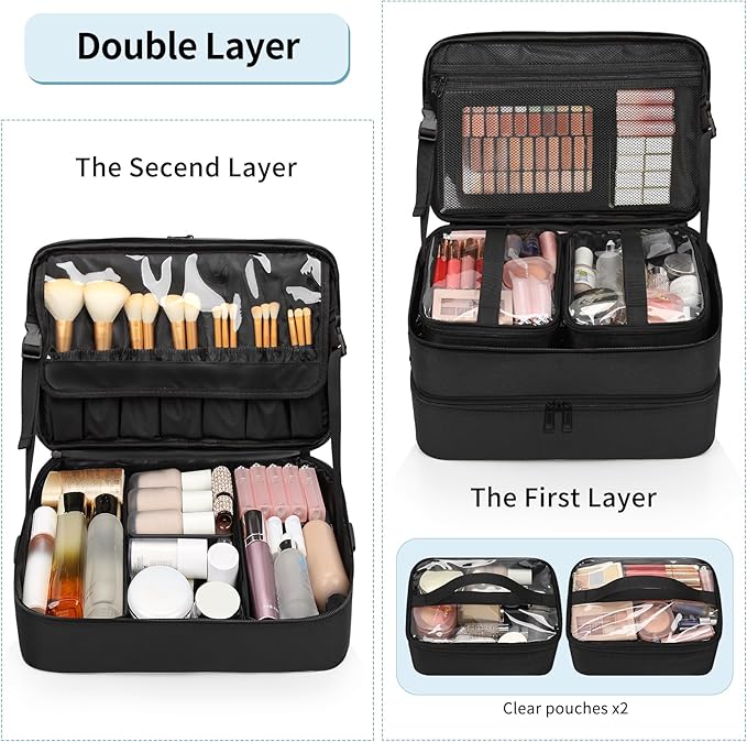 Large Makeup Train Case with a Large Makeup Travel Case for Hairstylist, Hairdresser Bag with Detachable Pouch,Heat Insulation and Anti-scalding for Hairdressing Tool Organizer 2 in 1, Big wheels
