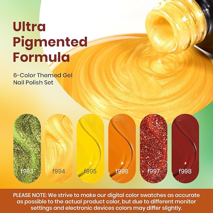 Beetles Fall Gel Polish Set - Autumn Realm Collection, Mustard Yellow Orange Burgundy Gel Polish Green Golden Glitter Nails Kit DIY Nail Art Gifts for Women