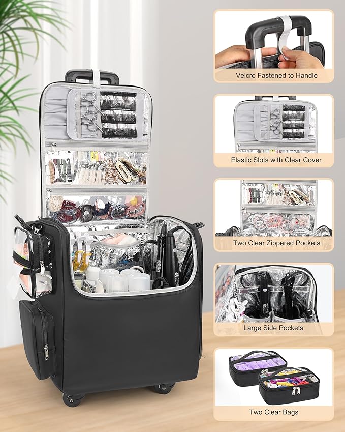 Relavel Rolling Makeup Train Case with Large Clear Makeup Bag, Hairstylist Traveling Bag with 4 Wheels, Cosmetic Storage Organizer Hair Stylist Travelling Bag with Adjustable Dividers & Shoulder Strap