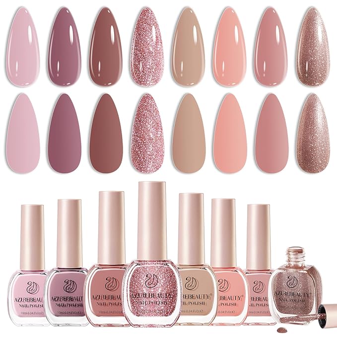 AZUREBEAUTY Pink Shades Nude Coral Champagne Glitter 8 Colors Nail Polish Set, Quick-Dry Perfect for Women Elegant Manicure Nail Art DIY Salon 10ml