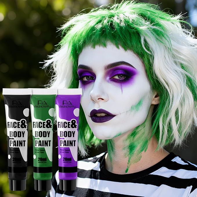 Black Green Purple Face Paint - Water-Based Non-Toxic Face Body Paint Kit for Joker Fantasy Halloween, Full Coverage Washable Face Painting for Cosplay, Costume Parties, Stage Performances